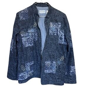 Womens Denim Embroidered Floral Open Front Blazer Jacket Size 8 Patchwork Sequin